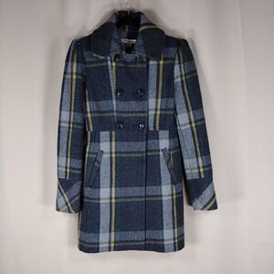 American Rag Cie Wool Business Casual Blue Yellow Preppy Formal Plaid Pea Coat